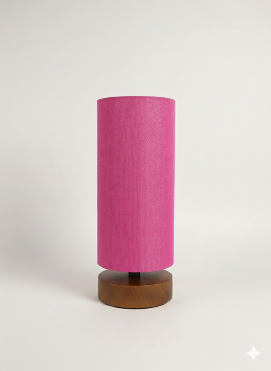 Pink Linen Cylinder Table Lamp – Brown Wood Base