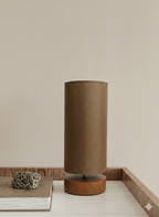 Mocha Linen Cylinder Table Lamp – Brown Wood Base