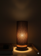 Mocha Linen Cylinder Table Lamp – Brown Wood Base