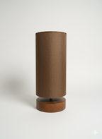 Mocha Linen Cylinder Table Lamp – Brown Wood Base