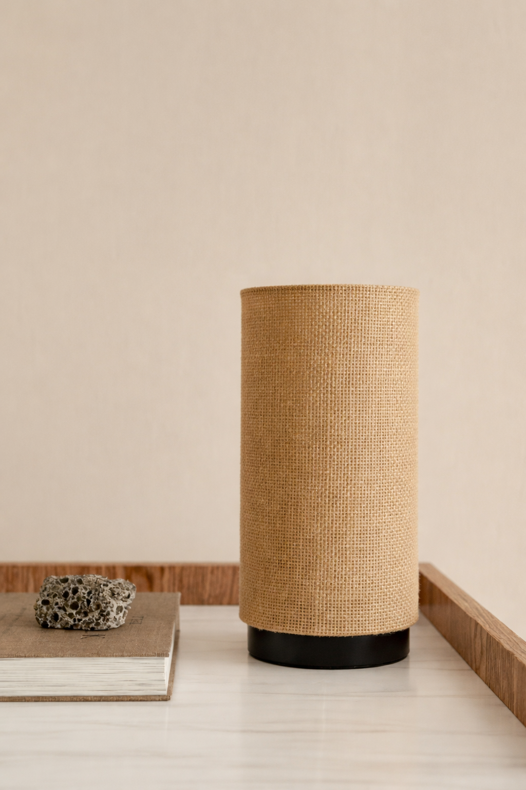 Natural Burlap Linen Cylinder Table Lamp – Metal Base