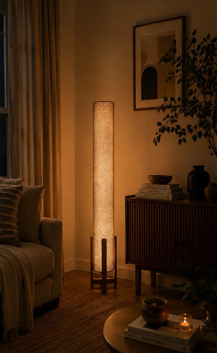 Mocha Linen Column Floor Lamp: Mid-Century Modern
