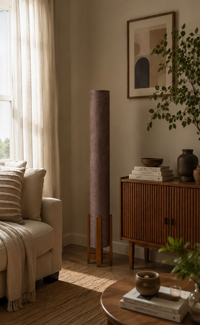 Mocha Linen Column Floor Lamp: Mid-Century Modern