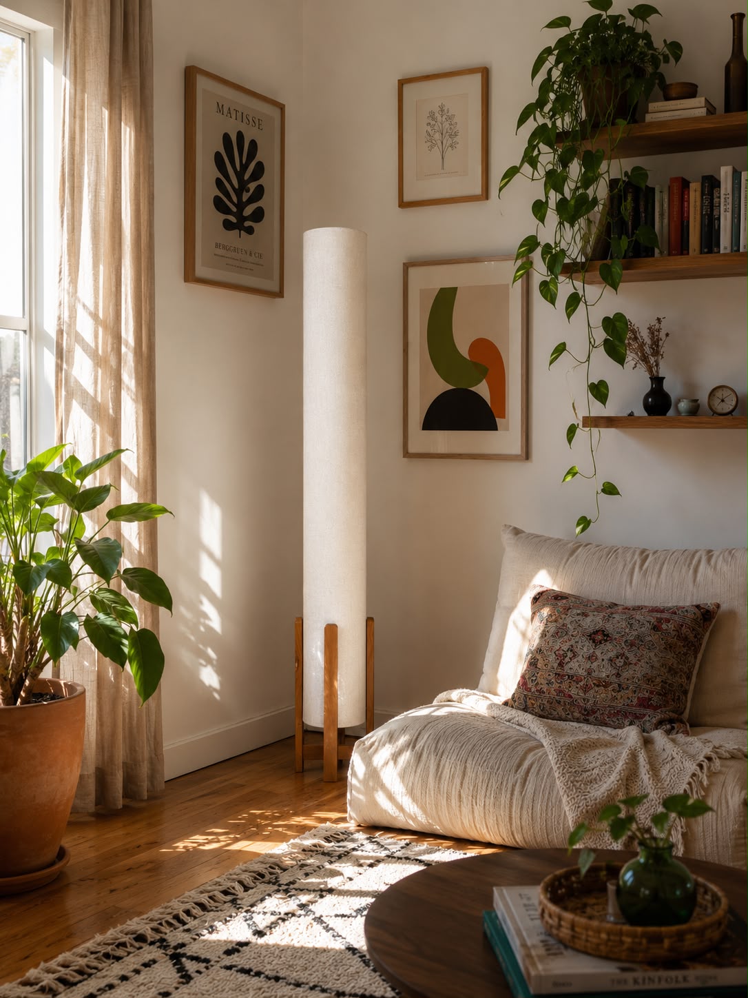 Off-White Linen Column Floor Lamp: Mid-Century Modern