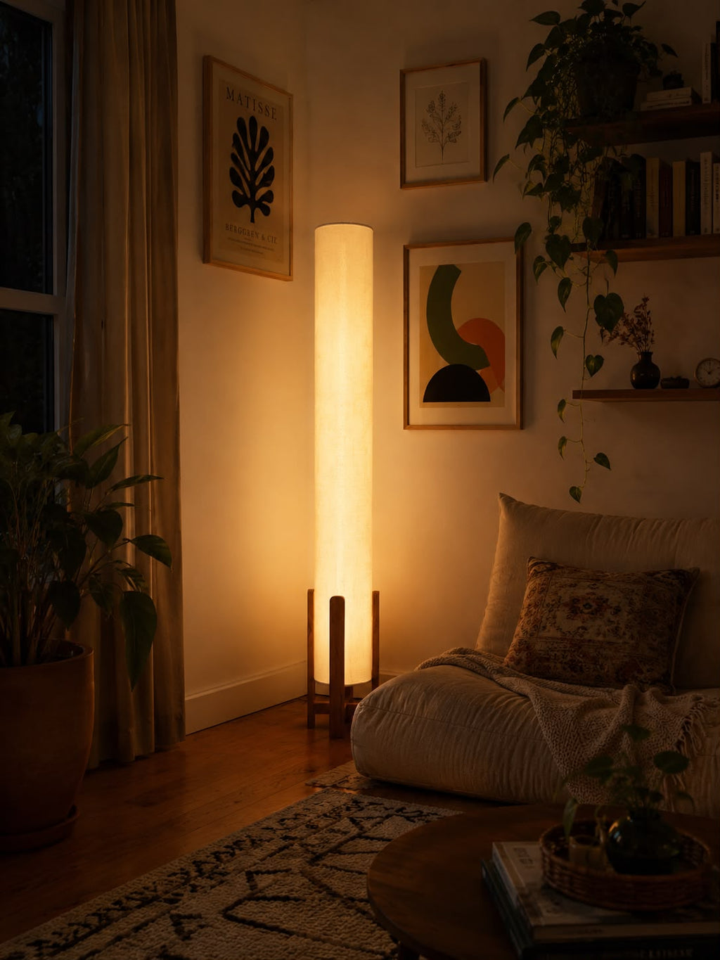 Off-White Linen Column Floor Lamp: Mid-Century Modern
