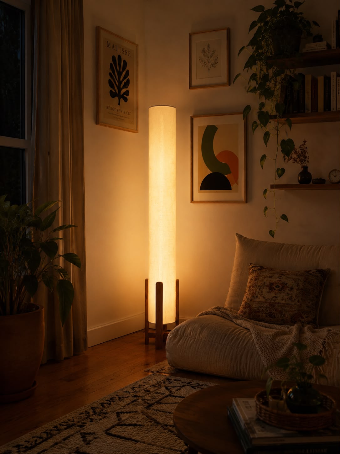 Off-White Linen Column Floor Lamp: Mid-Century Modern