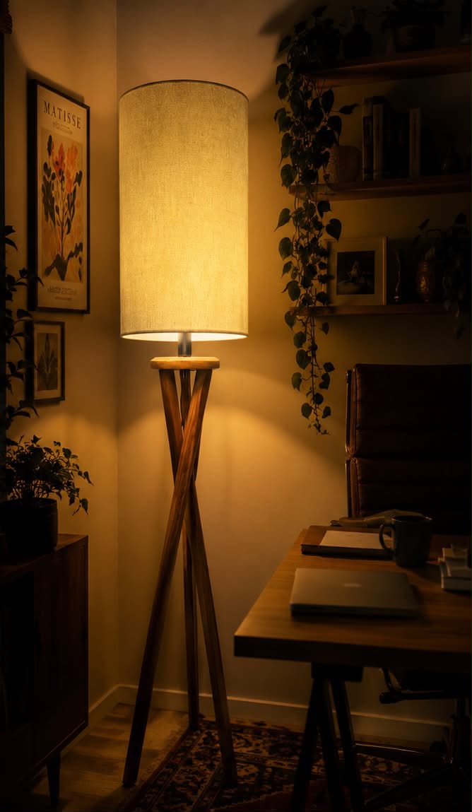 The Apex Wood Cylinder Tripod Floor Lamp