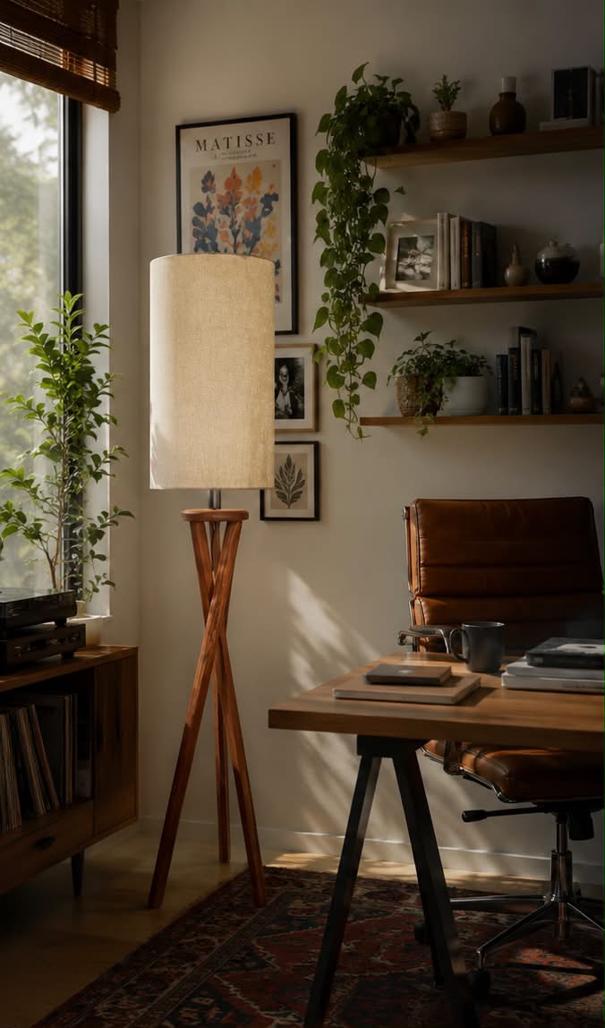The Apex Wood Cylinder Tripod Floor Lamp