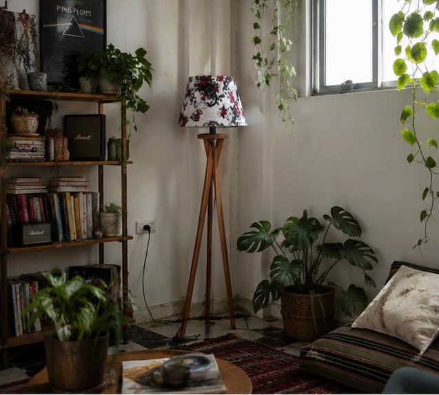 The Apex Wood Gothic Floral Tripod Floor Lamp