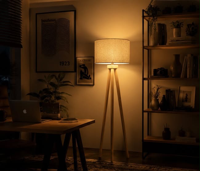 The Apex Wood Drum Tripod Floor Lamp