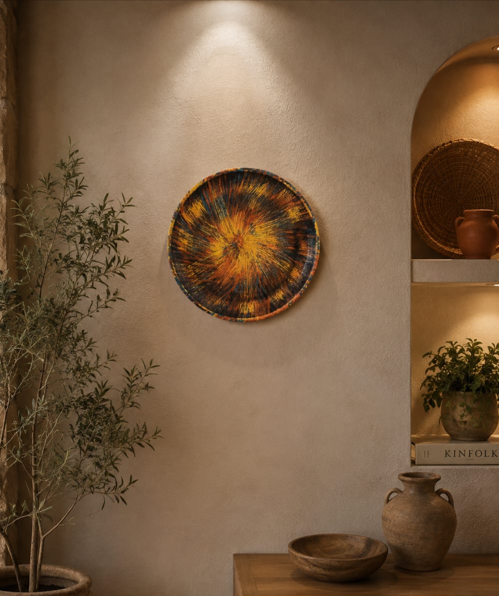 Solar Ember Pottery Wall Plate – Radiant Artistic Expression