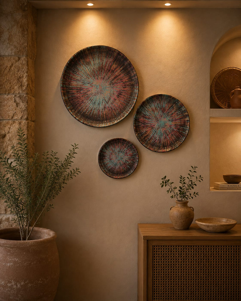 Celestial Burst Pottery Wall Plate Set – Vibrant Artistic Elegance