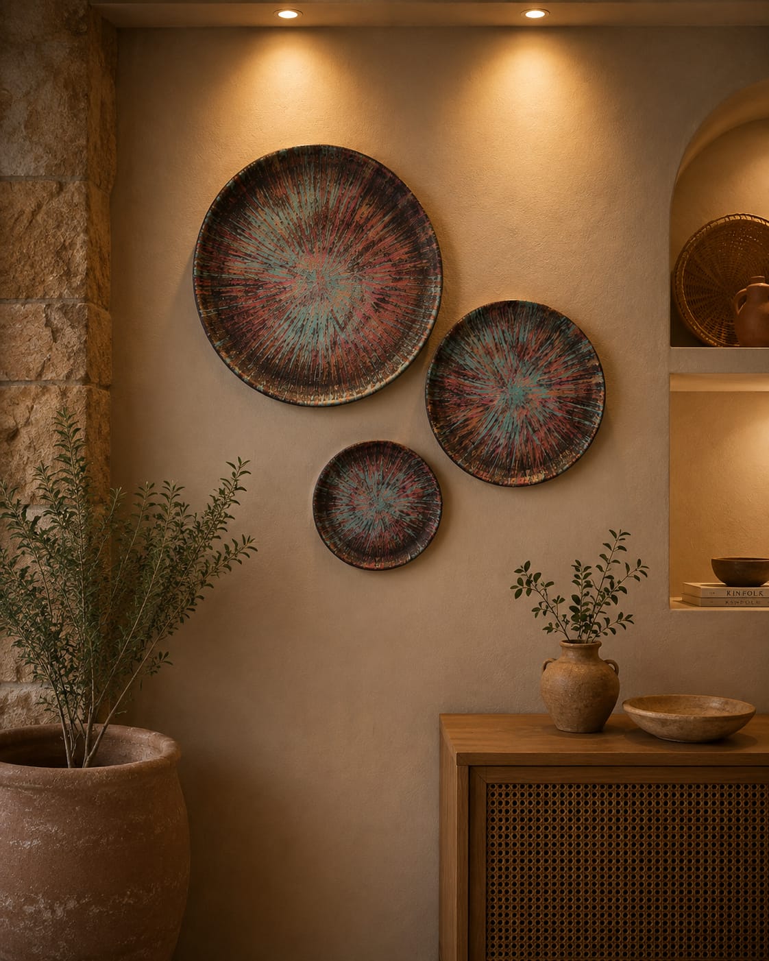 Celestial Burst Pottery Wall Plate Set – Vibrant Artistic Elegance