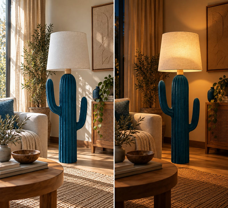 Teal Blue Cactus Pottery Floor Lamp – 120 cm