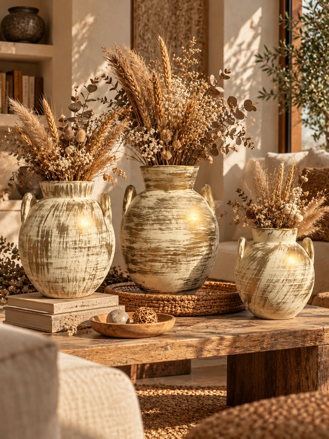 Ivory & Gold Distressed Pottery Vase Trio