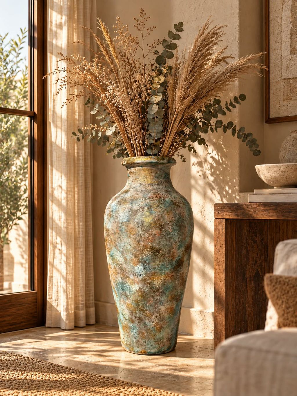 Antique Turquoise & Gold Pottery Floor Vase