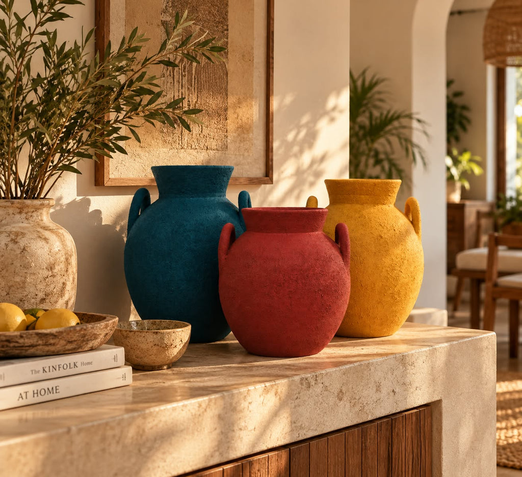Amphora Pottery Vase Set – Teal, Terracotta Red & Mustard Yellow
