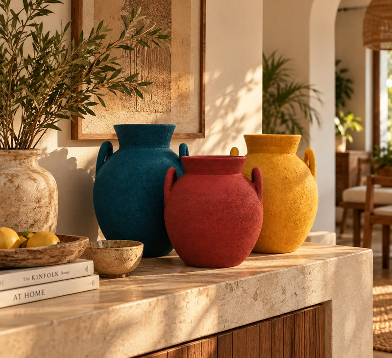 Amphora Pottery Vase Set – Teal, Terracotta Red & Mustard Yellow