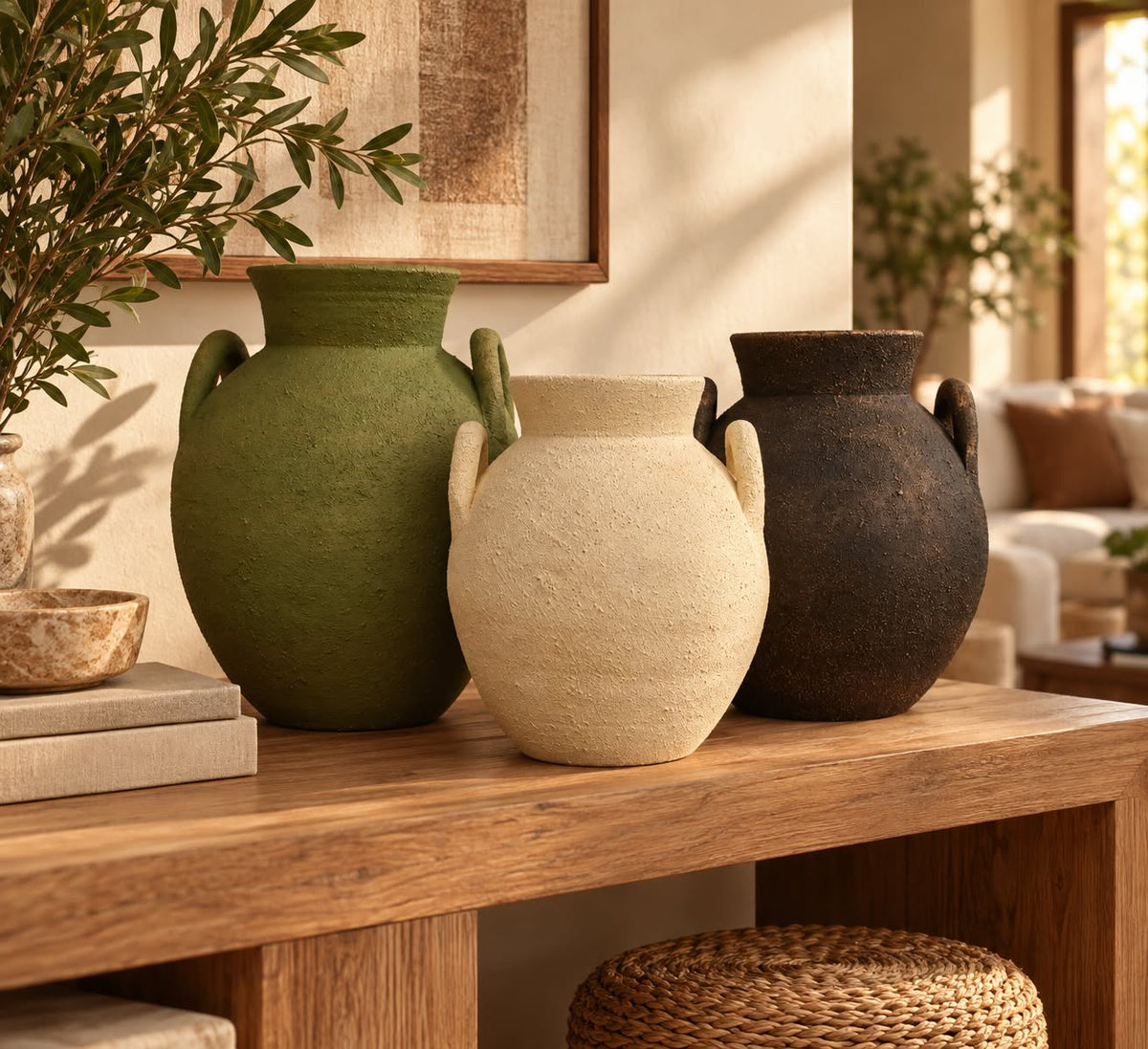 Amphora Pottery Vase Set – Olive Green, Cream & Dark Brown