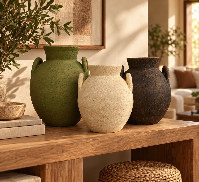 Amphora Pottery Vase Set – Olive Green, Cream & Dark Brown