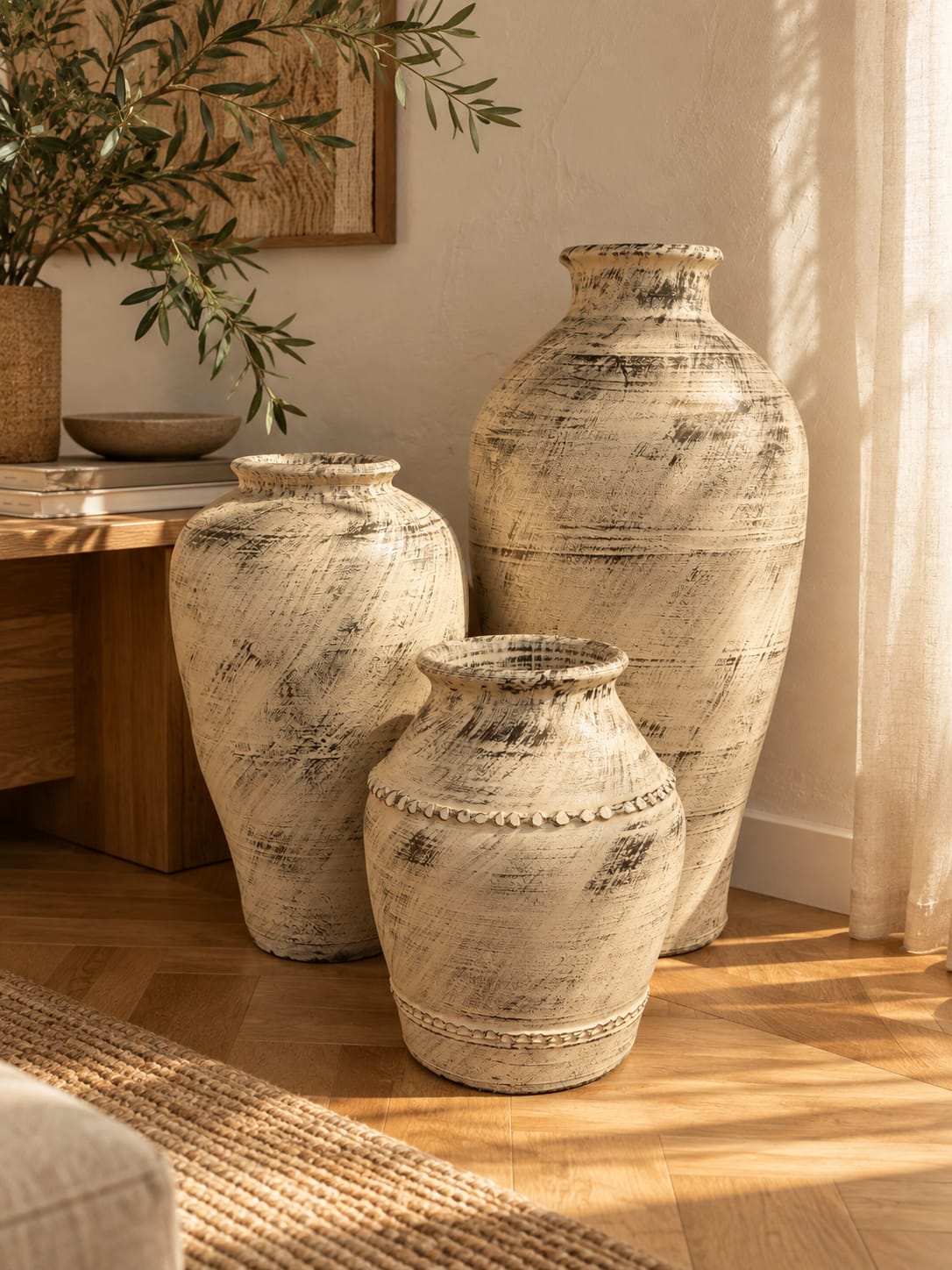 Antique Ivory Pottery Floor Vases — Set of Three