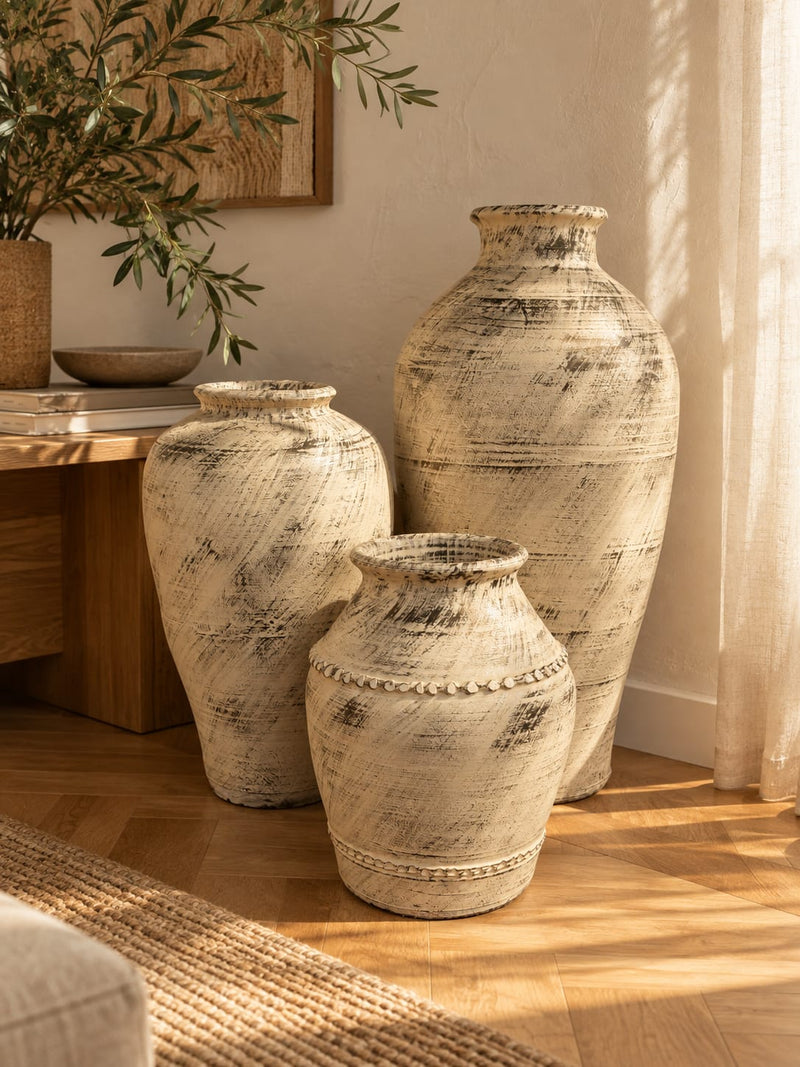 Antique Ivory Pottery Floor Vases — Set of Three