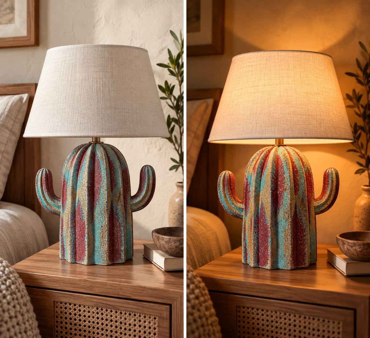 Turquoise & Burgundy Cactus Pottery Table Lamp