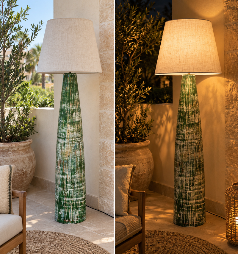 Olive Grove Pottery Floor Lamp — Forest Green & Cream