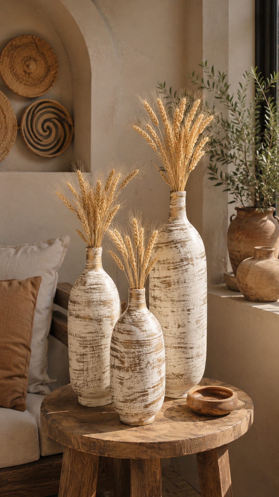 Ivory Brushstroke Pottery Vase Set – Rustic Artisan Elegance