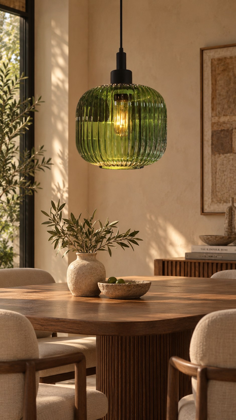 Aurora Ribbed Glass Pendant Light – Olive Green