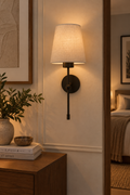 Elara Black Wall Lamp – Linen Shade