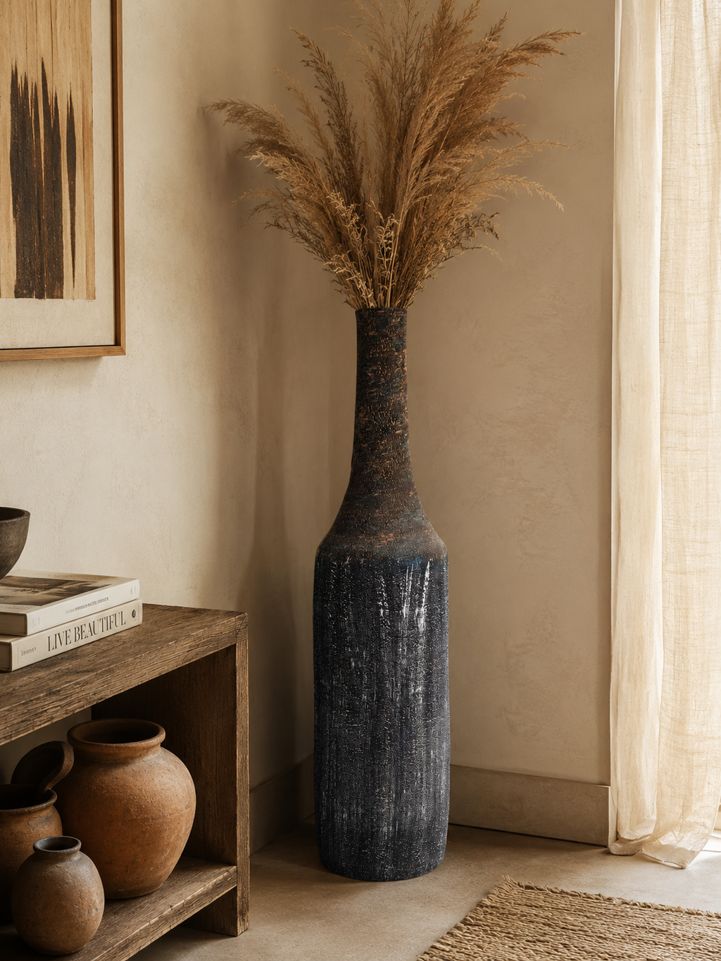 Obsidian Column Pottery Floor Vase – Bold Sculptural Elegance