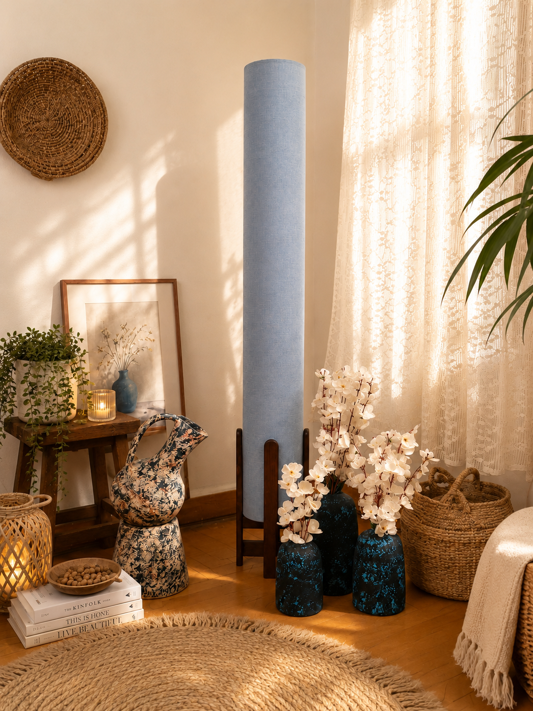 light sky blue Linen Column Floor Lamp: Mid-Century Modern